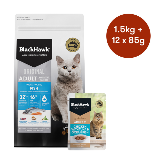 Black Hawk Adult Fish Dry + Wet Cat Food Bundle - Product Image