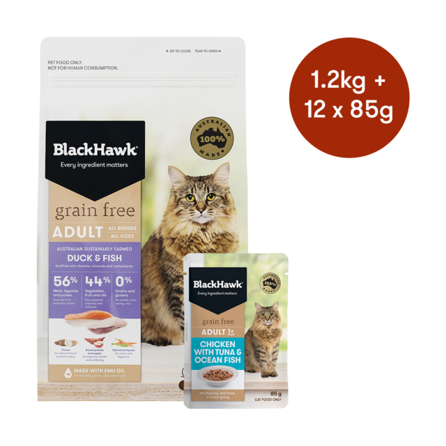 Black Hawk Adult Duck & Fish Grain Free Dry + Wet Cat Food Bundle - Product Image