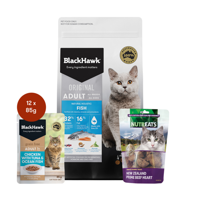 Black Hawk Adult Fish Cat Food & Treats Bundle - Product Image